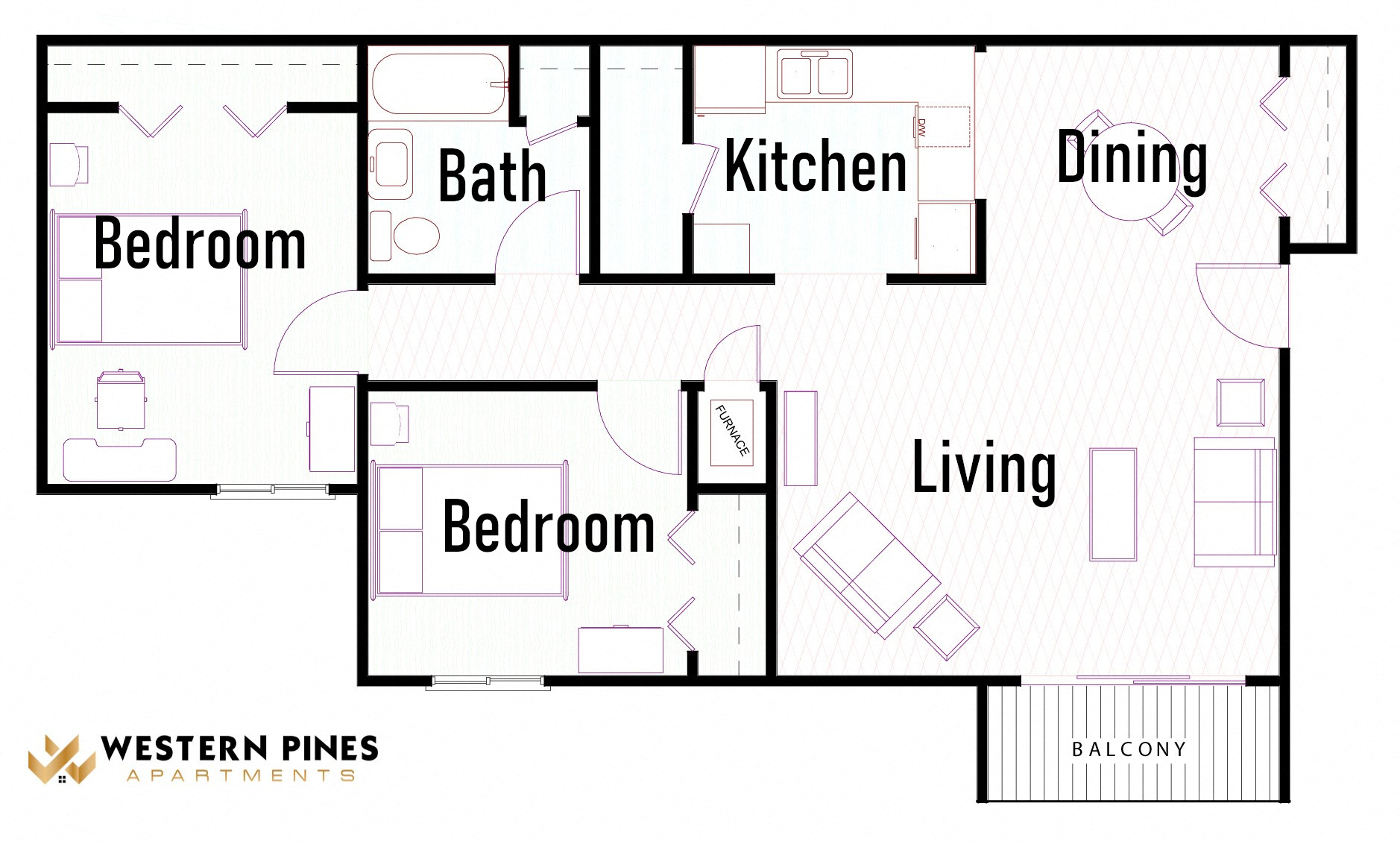 Floor plan for 2 beds, 1 bath, 1042 sqft